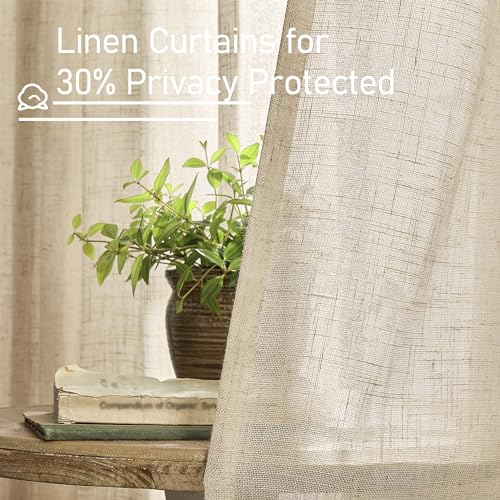 LAMIT 63 Inch Sheer Linen Window Curtains, Light Filtering Panels Back Tab and Rod Pocket Neutral Drapes for Bedroom/Living Room, Brown, 2 Panels, 34 x 63 Inch