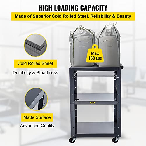 Vevor Steel Av Cart, 27-41" Height Adjustable Media Cart With 19" X 14" Retracting Keyboard Tray, 24" X 18" Presentation Cart With 3 Shelves, 150 Lbs Weight Capacity Suitable For Office And School #TOP3