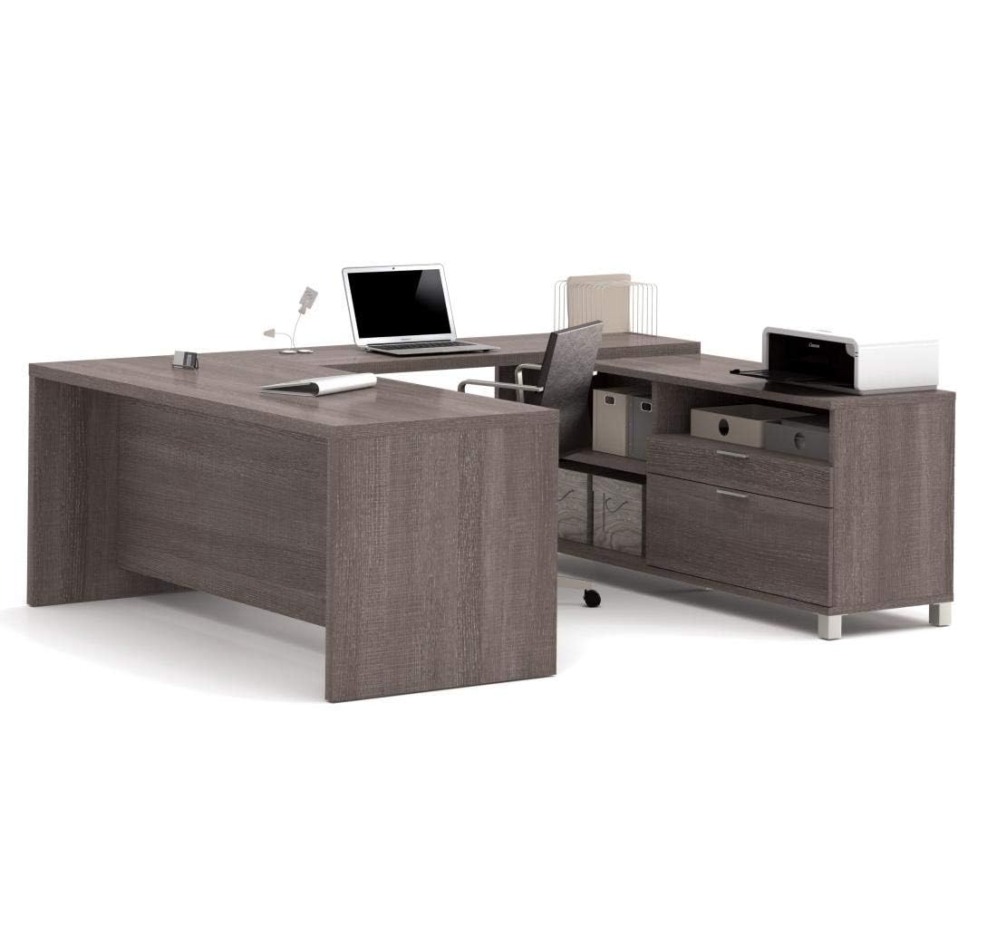 BOWERY HILL U-Shaped Computer Desk, Bark Gray Finish, 1.5" Commercial Grade Work Surface with Melamine, PVC Edge, Square Metal Legs, Adjustable