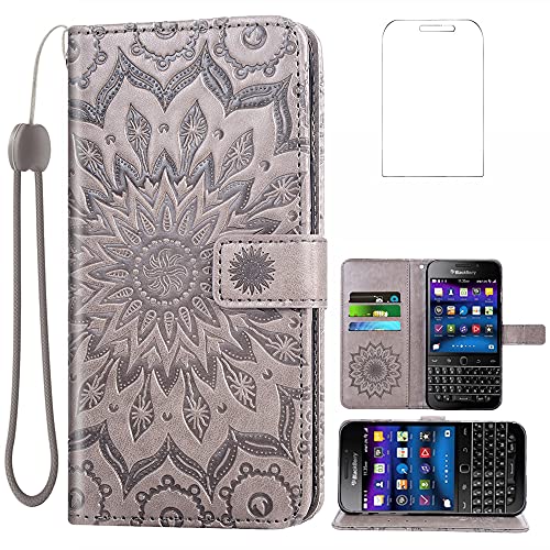 Phone Case for BlackBerry Classic Q20 SQC100 Wallet Cases with Tempered Glass Screen Protector Leather Slim Flip Cover Card Holder Stand Cell Accessories Black Berry Smartphone Q 20 Women Men Gray