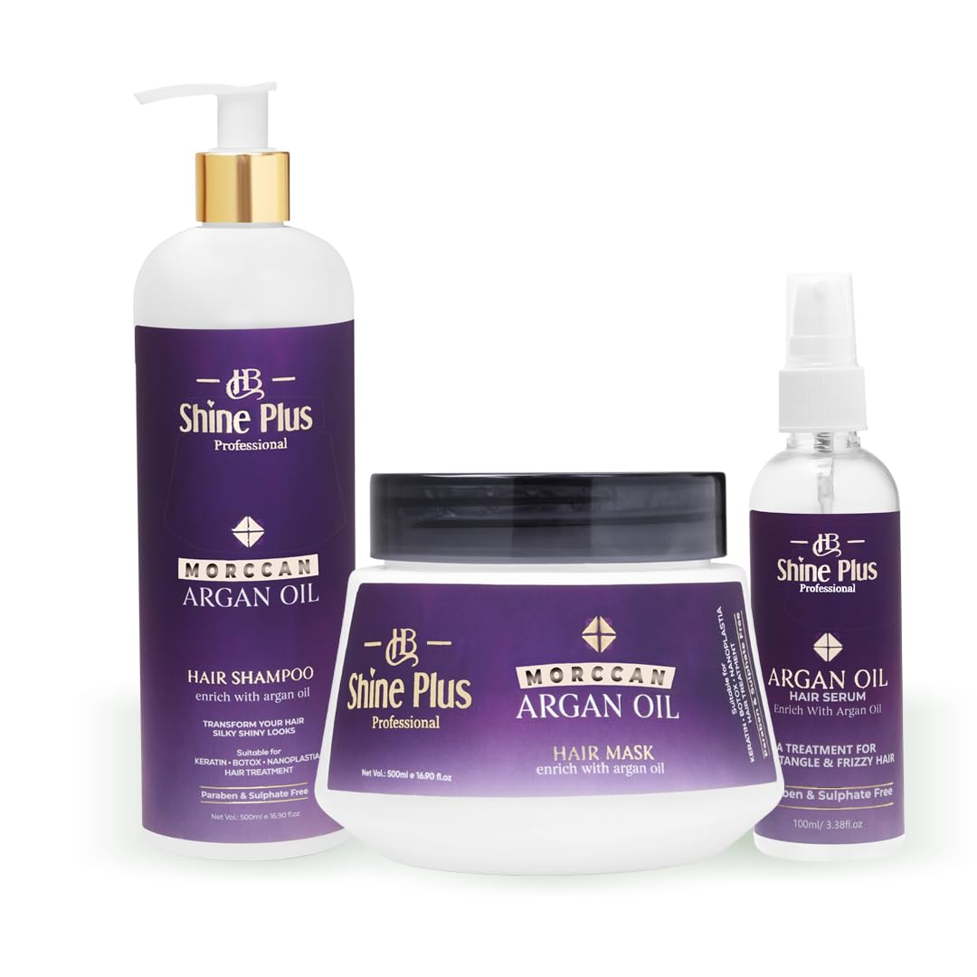HB Shine Plus Professional Moroccan Argan Oil Hair Care Combo | Shampoo, Hair Mask & Hair Serum | Sulphate & Paraben Free | For Dry, Frizzy & Damaged Hair | Keratin, Botox & Nanoplastia Safe