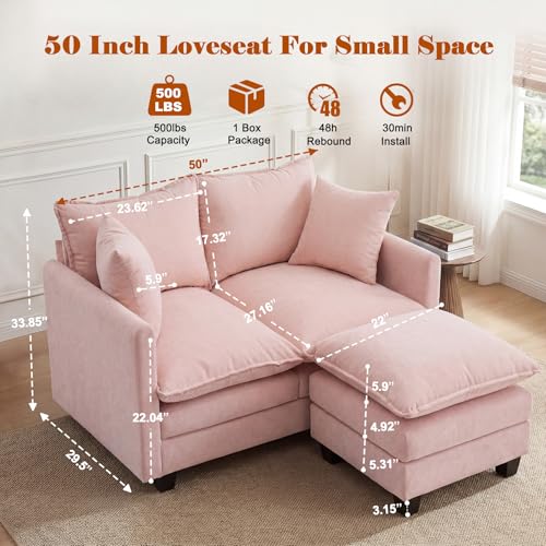 Image of 50'' L-Shape Loveseat Sofa with 22 inch Ottoman, 2 Seat Modern Cloud Couch with 2 Washable Pillows for Small Space Apartment Office Living Room Bedroom, Pink
