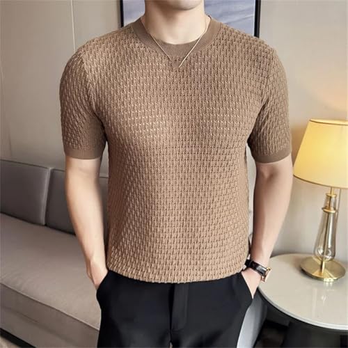 Men Summer Thin Knitted Hollow Out Round Neck Short Sleeve Elastic Slim Pullover4