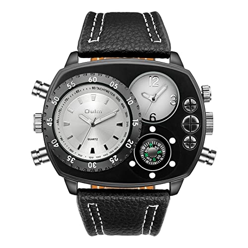 JewelryWe Military Dual Time Zone Watch for Men Big Dial Quartz Watch Cool Punk Leather Wristwatch, for Fathers Day