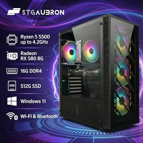 Image of STGAubron Gaming PC Computer Desktop,AMD Ryzen 5 5500 up to 4.2GHz, Radeon RX 580 8G, 16G DDR4, 512G SSD, WiFi 6 5G & BT 5.2, RGB Fan x4, Windows 11 Home