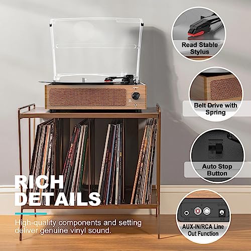 Image of Retro Record Player for Vinyl with Speakers Vintage Turntable Vinyls Records Belt-Driven Turntables 3-Speed 3 Size 33 1 /3 45 78 RPM Wireless Playback Headphone AUX RCA Line LP Vinyl Players Wood Grain