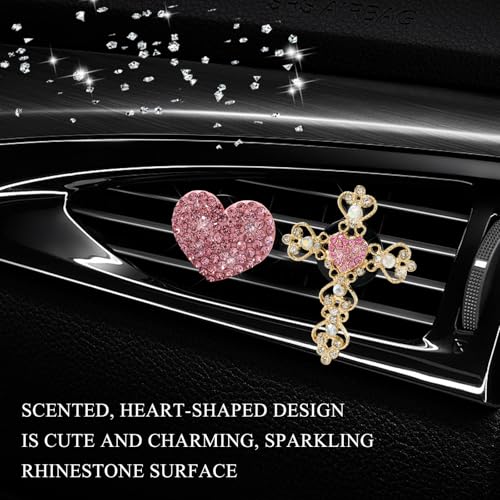 Image of 2 PCS Bling Car Vent Clip, Crystal Rhinestone Cross and Heart Car Air Fresheners Vent Clips, Diamond Car Air Conditioner Outlet Decoration Charm for Women, Car Accessories (Pink)