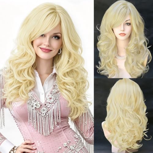 RightOn Light Blonde Wig with Bangs Long Curly Wig for Women Daily Party