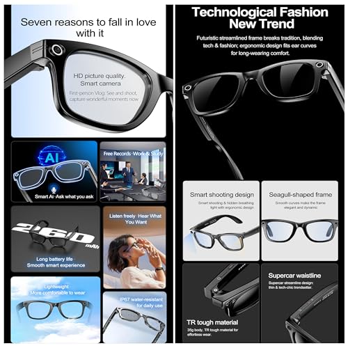 hKjPlvf Gafas Inteligentes con IA y cámara HD para Recibir Llamadas, Auriculares Bluetooth, grabación, reconocimiento de Fotos, traductor Bluetooth, Gafas de Sol para Viajes, reuniones y Negocios,B - imagen 2