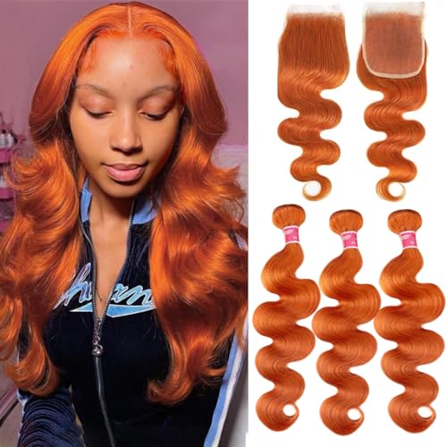 Ginger Bundles Human Hair With Closure Body Wave 14 16 18+14 In 10A 350 Ginger Human Hair Bundles with 4x4 HD Closure Soft And Shed-Free 350 Copper Orange Body Wave Bundle