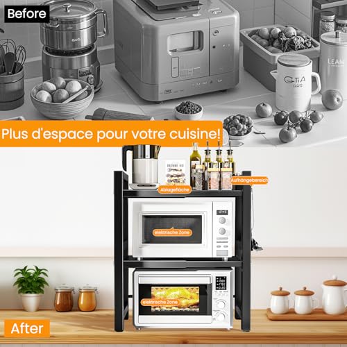 Étagère micro-ondes extensible en métal noir à 2 niveaux pour cuisine - 5