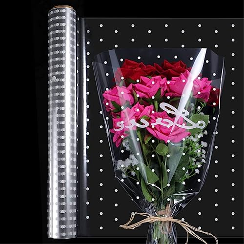 Ticeed 1 Rolle Cellophan Geschenkfolie Blumenfolie Geschenkfolie Transparent Zellophan Geschenkpapier Cellophane Wrap Roll 40CM x 30M White Dot für Florist Blumen Handwerk Süßigkeit Geschenkkörben