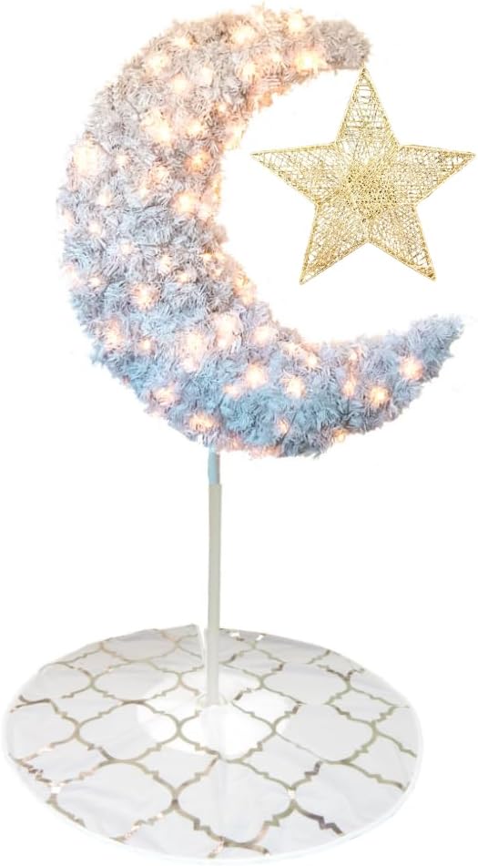 Peacock Supplies Eid Moon Tree Bundle - White with Star & Skirt | 5 ft White Crescent Shaped Moon, 12m / 120 LED Electric Fairy Lights & Tree Skirt | Sturdy & Easy to Assemble | Indoor or Outdoor Use
