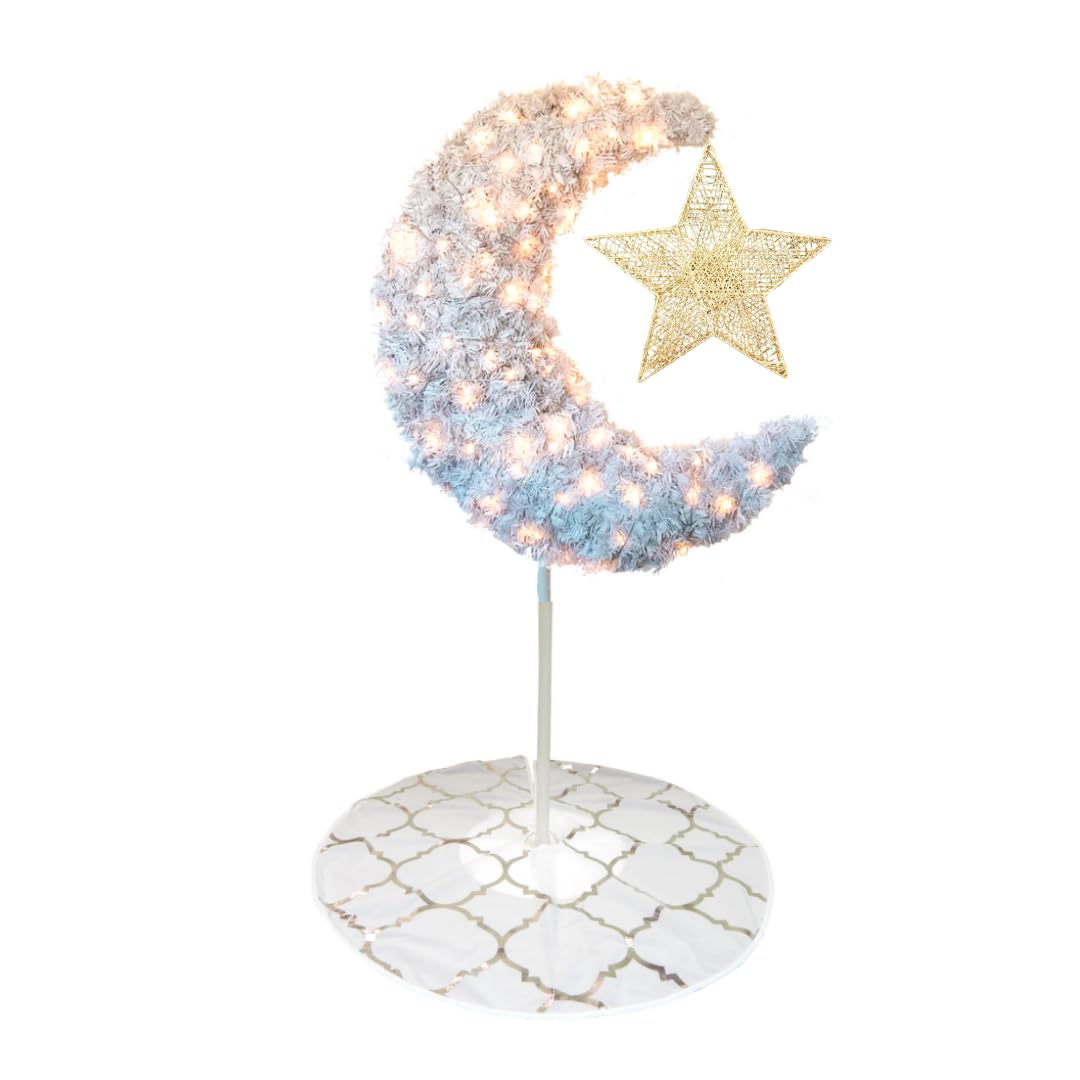Eid Moon Tree Bundle - White with Star & Skirt | 5 ft White Crescent Shaped Moon, 12m / 120 LED Electric Fairy Lights & Tree Skirt | Sturdy & Easy to Assemble | Indoor or Outdoor Use