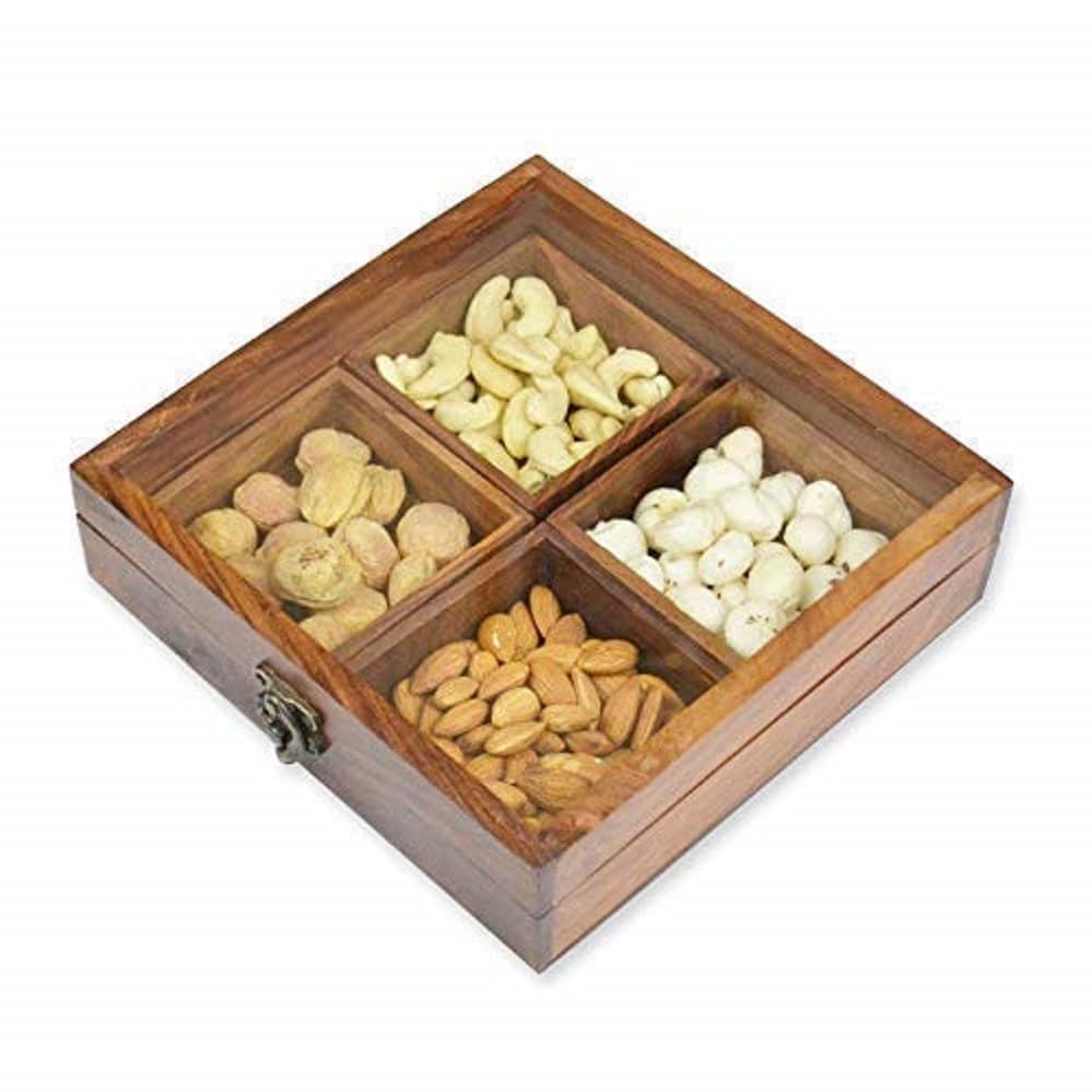 Image of Majestic Mart Sheesham Wooden masala box /namak dani /spices box /masala daani /organizer /masala dabba /spice jar /spice storage box with Glass top for Kitchen. (4 CONTAINERS)