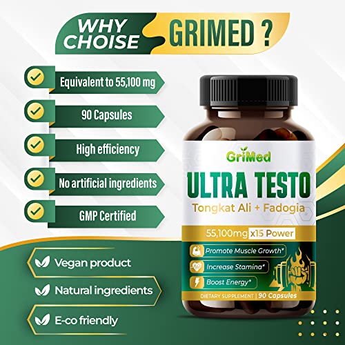 Ultra Testo 55100Mg 100X Concentrated Extract Tongkat Ali, Fadogia Agrestis, Horny Goat Weed, Maca Root, Ginseng, Tribulus - Performance & Energy Support (90 Count (Pack Of 1)) #TOP3