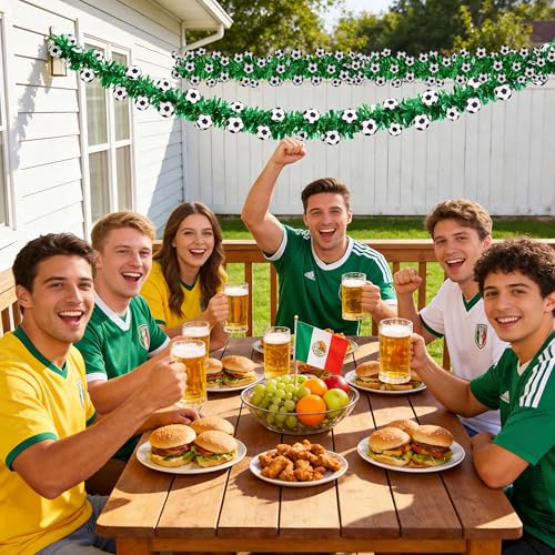 Image of 50Ft Soccer Tinsel Garlands, Green Glitter Tinsel Garland with 3D Soccer Cutouts, Metallic Holiday Hanging Streamers for Game Day Party Sports Bar Indoor Outdoor Party Decor