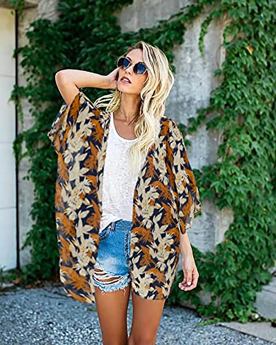 Women Leaf Print Kimono Cardigan Sheer Chiffon Loose Casual Open Front Tops (Maple Black,M) #TOP1