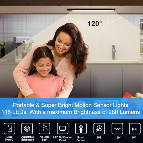 Image of YELKO Motion Sensor Under Cabinet Lights, 1500mAh Battery Operated Rechargeable LED Lights, Cordless Dimmable Motion Activated Nightlights for Kitchen Wardrobe Cupboard Stairs Hallway(Two Pack)