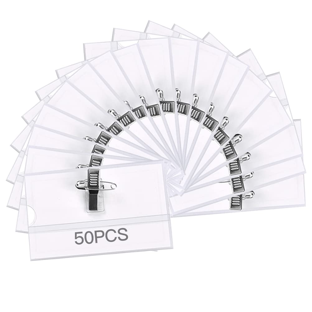 50PCS Name Badges with Crocodile Clip and Safety Pin, Plastic Name Badge with Pin Waterproof,Horizontal ID Card Holder for Company, School, Corporate