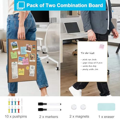 Image of Small Whiteboard Cork-Board Combination for Wall - 16 inch x 12 inch Portable Aluminum Frame Magnetic Dry Erse Board Mini Bulletin Cork Board 2 Pack with Holder for School, Office, Home