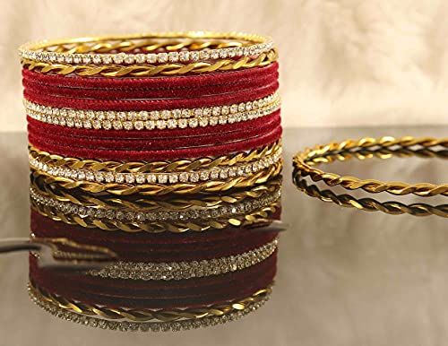 Image of NMII Gold Plated Metal Velvet Bangles Set For Women & Girls with Zircon Gemstone Studded | Traditional Women's Bangles | Designer Gold Bangles | Fashion Jewellery- Set of 28
