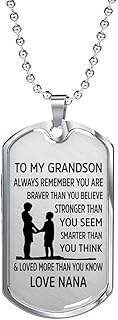 to My Grandson Necklace, Always Remember You are Braver Pendant Necklace, Stainless Steel Dog Tag Inspirational Gifts