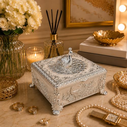 Image of Diviniti Silver Plated Peacock Decorative Box with Premium Gift Box | Luxury Multipurpose Storage Box for Home Decor, Sweets & Corporate Gifting (White)