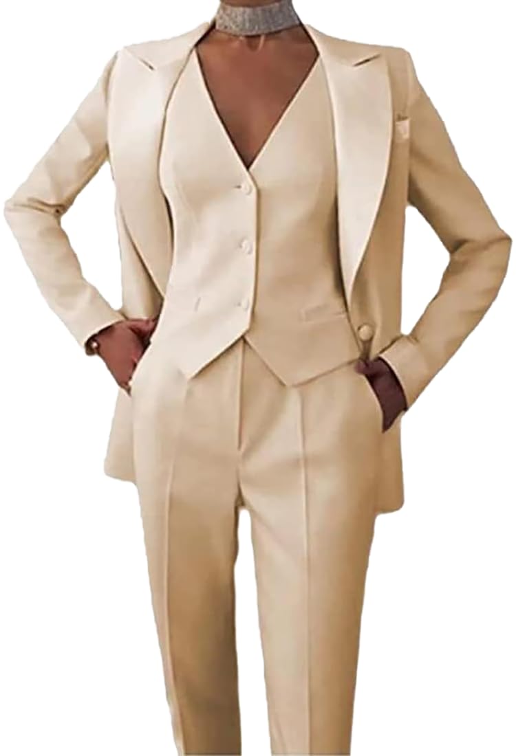 Leader of the Beauty Women's 3-Piece Office Lady Suit Blazer Vest & Pants - Beige