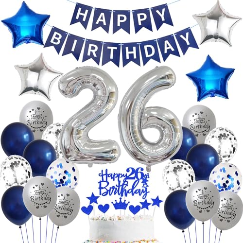 Ballon 26 ans anniversaire homme bleu Décoration 26 ans homme anniversaire bleu argent Ballon Décoration anniversaire 26 ans homme Ballons 26 ans anniversaire argent Bannière Happy Birthday