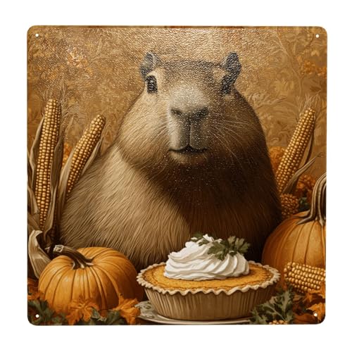 Honozo Warm Corn Fall Foliage Capybara Art Tin Metal Sign – 12x12 Inch Metals Plaque Arts Hanging Decor, For Studies, Sunrooms & Cozy Harvest Lounge Areas Plaques