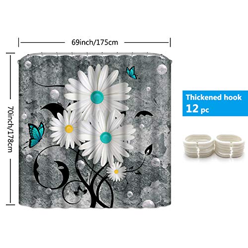 Ikfashoni Floral Butterfly Shower Curtain White Daisy Shower Curtain For Bathroom Farmhouse Rustic Bathroom Curtain With 12 Hooks, Fabric Flower Bathroom Shower Curtains, 69" X 70" Grey #TOP6
