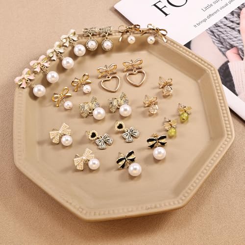12 Pairs of Women's Bow Earrings Pearl Rhinestone Drop Dangle Earrings Dainty Trendy Earrings Wedding Party Jewelry Gifts2