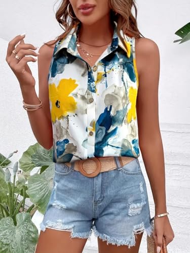 Image of Gufrina Women's Sleeveless Button Down Shirt with Abstract Floral Print in Yellow and Blue - Lightweight Casual Summer Top for Relaxed Fit