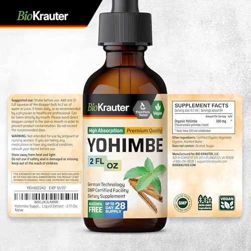 yohimbe tincture - yohimbe bark liquid extract - natural yohimbine - alcohol and sugar free - vegan drops 2 floz