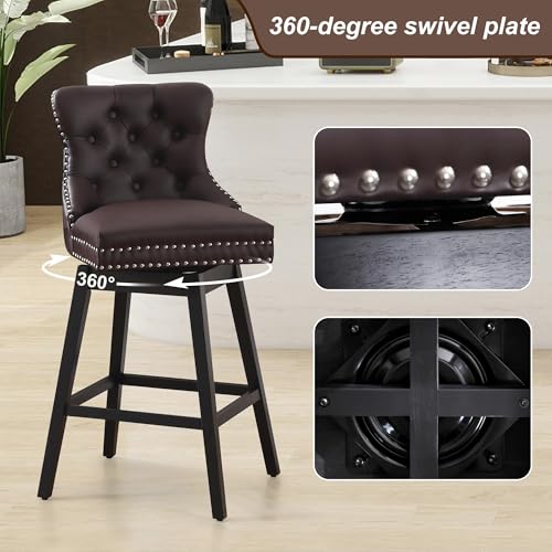 Image of Swivel Bar Stool with Back, Faux Leather Counter Height Bar Stools, Upholstered Tufted Counter Height Chairs, Solid Wood Legs, (Brown, 30 inch H Seat, Set of 4)