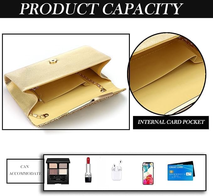 5 Pcs Purse Rhinestone Jewelry Set, RhinestoneClutch Purse Bride Prom Evening Rhinestone Jewelry Set Bling Necklace Earrings Bracelets Set for Wedding, Gold/Silver - Image 6