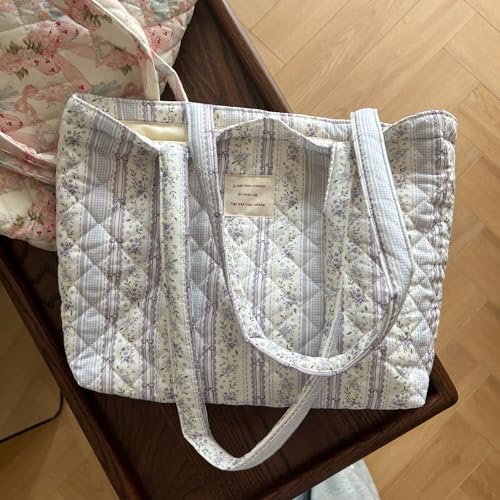 Image of Floral Quilted Cotton Shoulder Bag for Women Medium Size Handbag Large Capacity Thickened Design Tote