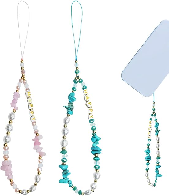2 Pcs Beaded Phone Charm, Colourful Crystal Phone Lanyard Wrist Strap, Pearl Phone Chain Keychain, Anti-Lost Handmade Mobile Phone Chain String Lanyard for Women Girl