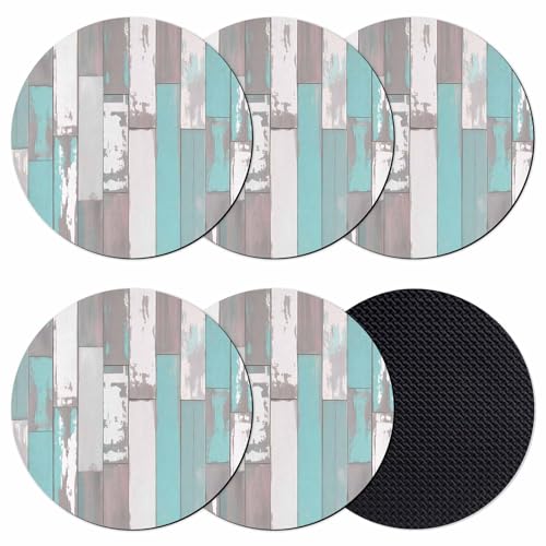 Coasters Set of 6, Turquoise Gray Round Drink Coasters for Coffee Table Decor, Country Retro Mottled Texture Wood Grain Absorbent Cup Coaster for Housewarming Gift/Home Décor, 4 Inches