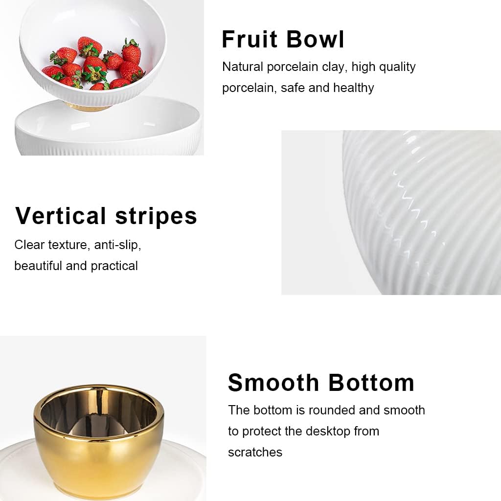Ceramic Fruit Bowl,11-Inch Large Decorative Bowls,White Pedestal Tray and Gold Base, Fruit Bowl for Kitchen Counter, Bread and Fruit Trays,Salad or Dessert Display Trays for Parties. (XL)