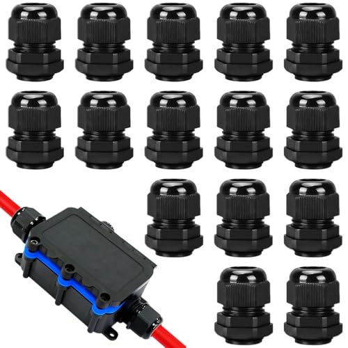 15 PCS M20×1.5 IP68 Cable Glands, Waterproof Plastic Nylon Cord Grip Cable Glands with Locknut and Washer Suitable for 6mm - 12mm Cables (Black)