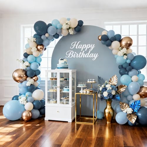 Image of Bezente Dusty Blue Gold Party Latex Balloons Kit 60pcs 12-in with 1 ribbon