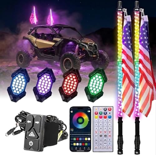 Kemimoto 2PCS 3FT LED Whip Light and 4 PCS Rock Lights Combo，366 Modes with Integrated Rocker Switch (Turn/Hazard/Light) & SOS Mode, Spring Base & App Control, IP67 Waterproof, Universal for UTV ATV