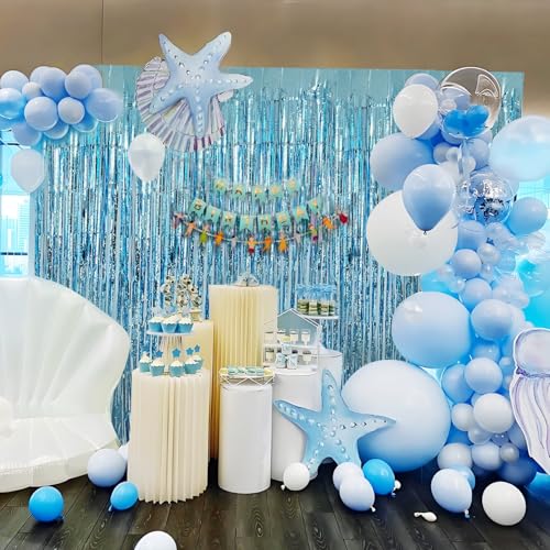 Image of Blue Streamers Party Decorations 3.3x8.2ft 2 Pack Light Blue Tinsel Foil Fringe Curtain Backdrop Ocean Themed Party Decor Photo Booth Props for Birthday Baby Shower Bachelorette Door Hanging Wedding
