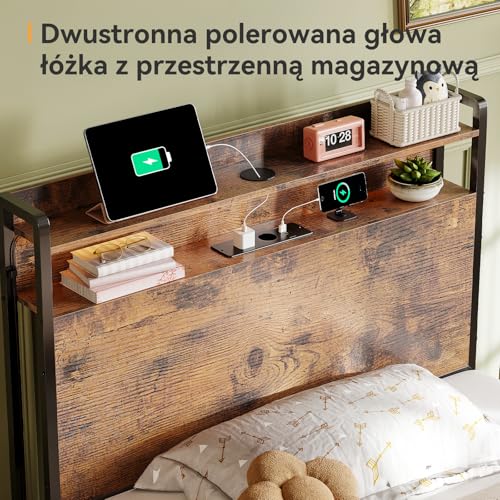 ODK Łóżko 90 x 200 cm, z oświetleniem LED i gniazdkiem, stacja ładująca USB (2 AC + 2 USB), stelaż z metalu z drewnianym zagłówkiem i miejscem do przechowywania, łóżko młodzieżowe do sypialni i pokoju