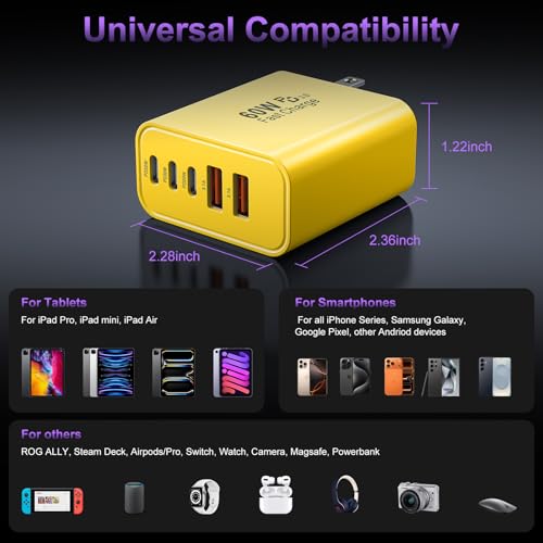 Image of USB C Fast Wall Charger Block, 2Pack 60W USBC Charging Cubes, 5-Port PD+QC Power Adapter Multiport Brick Type C Box Plug for Phone 17 /16 /15 /14 /13 /12 /11 /Pro Max /Plus, Pad Mini /Pro /S25 /S24-Yellow