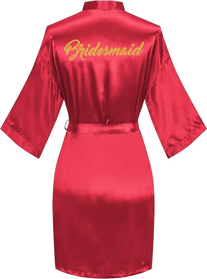 Image of Women's Silky Satin Short Bride Robe | Ultra Soft & Comfortable, Stylish Full Sleeve Lace Tie Nightdwear /Sleepwear for Bride Bridemaid- Pack of 1