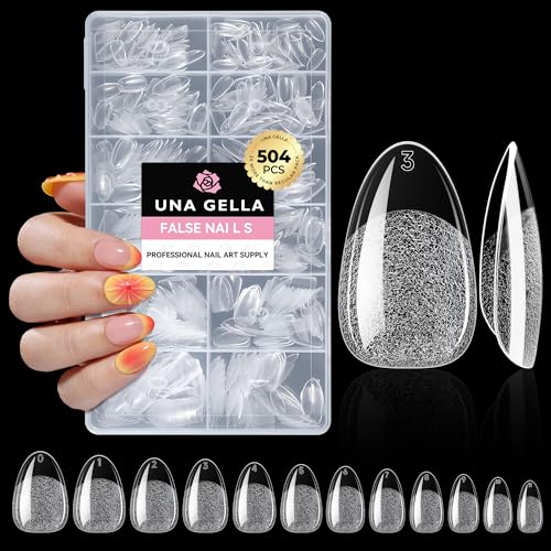 UNA GELLA Short Oval Almond Fake Nails 504pcs Press on Nails Pre-shape Short Almond Round Gel Nail Tips for Full Cover Acrylic False Nails For Nail Extension Home DIY Salon 12 Sizes False Gelly Tips
