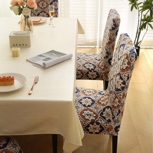 Image of HOKIPO Premium Printed Velvet Chair Cover Set of 2 for Dining Table, Indigo Moroccan Charm (AR-5794-D7*2)